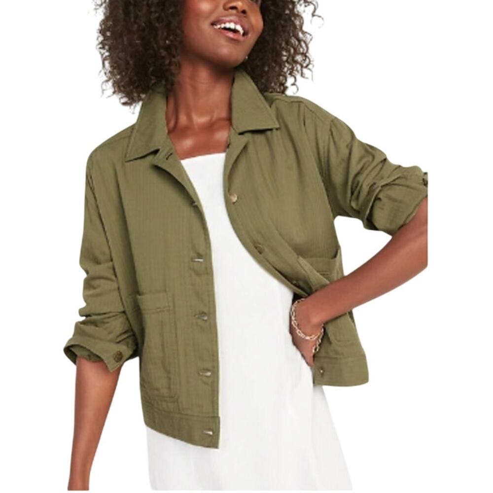 Old Navy Cropped Textured Twill Utility Jacket Linden Green 100% Cotton